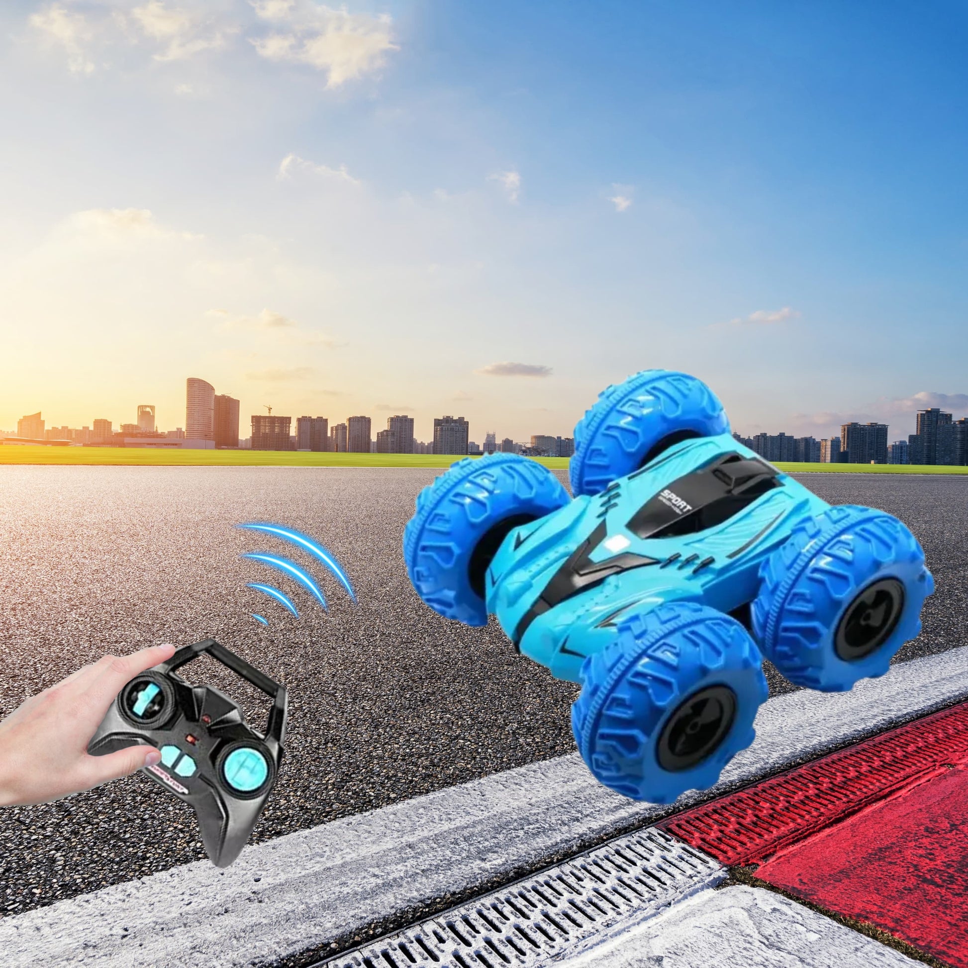 Empaque del Stunt Car doble cara con mando, batería recargable y cable USB