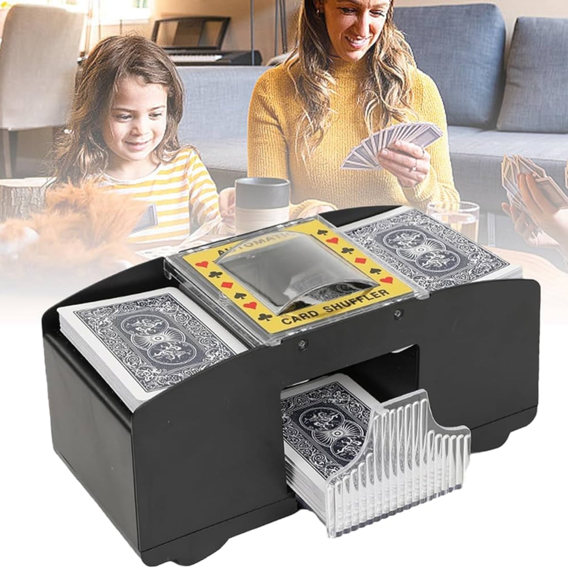 Barajador automático de cartas con botón de encendido y compartimento para pilas