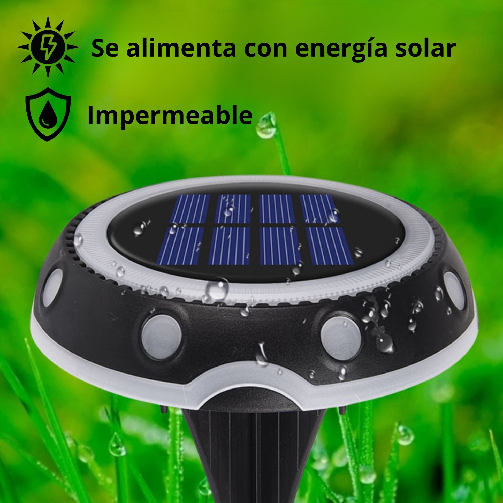 Foco solar RGB proyectando colores decorativos en jardín durante la noche