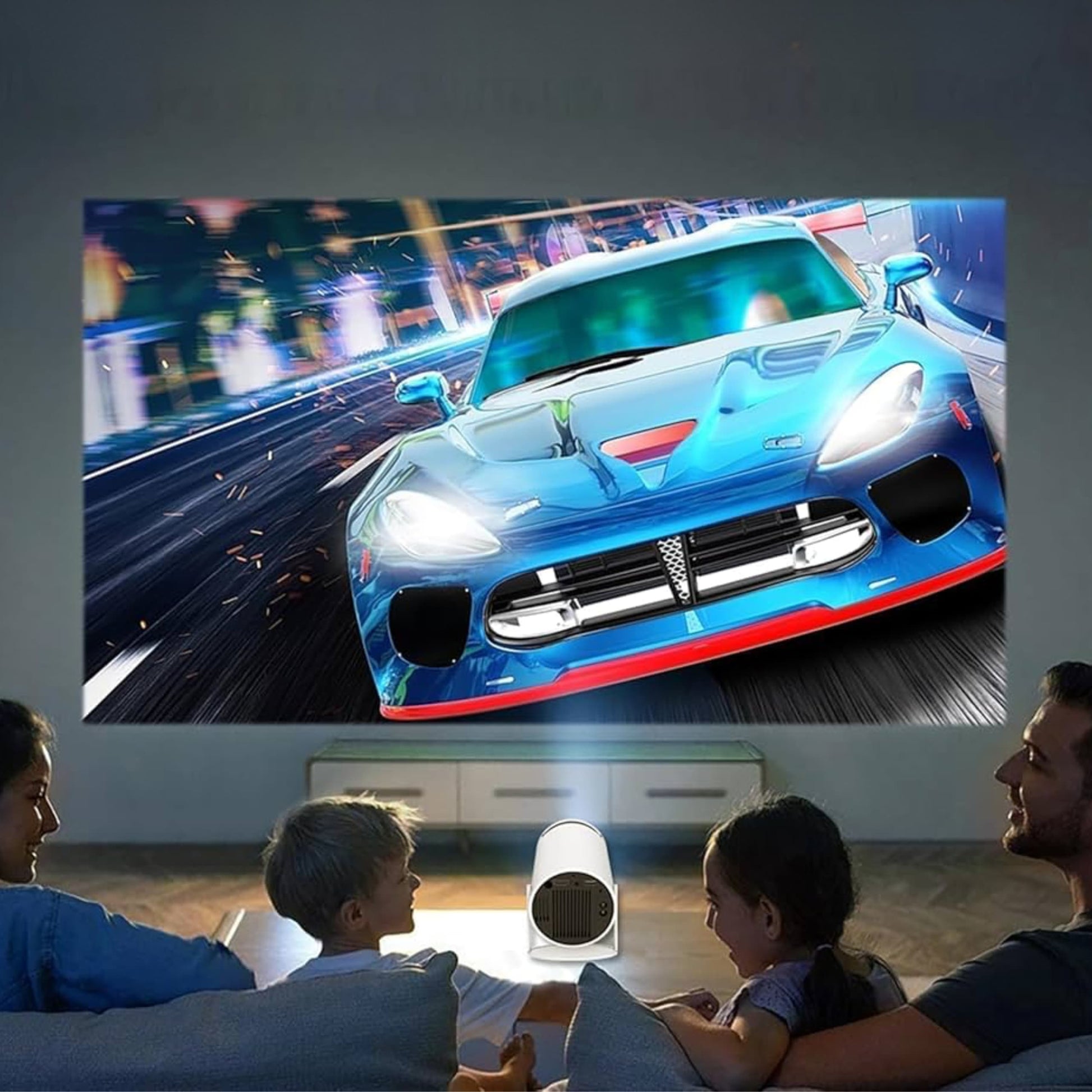 Pantalla de proyección mostrando película en alta definición en una habitación oscura.