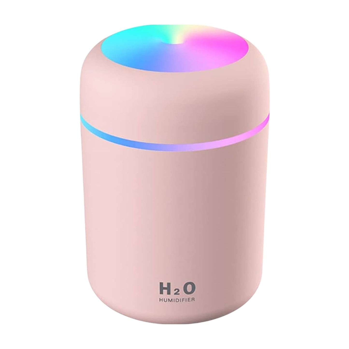 Humidificador rosa funcionando con luz LED púrpura en fondo blanco .