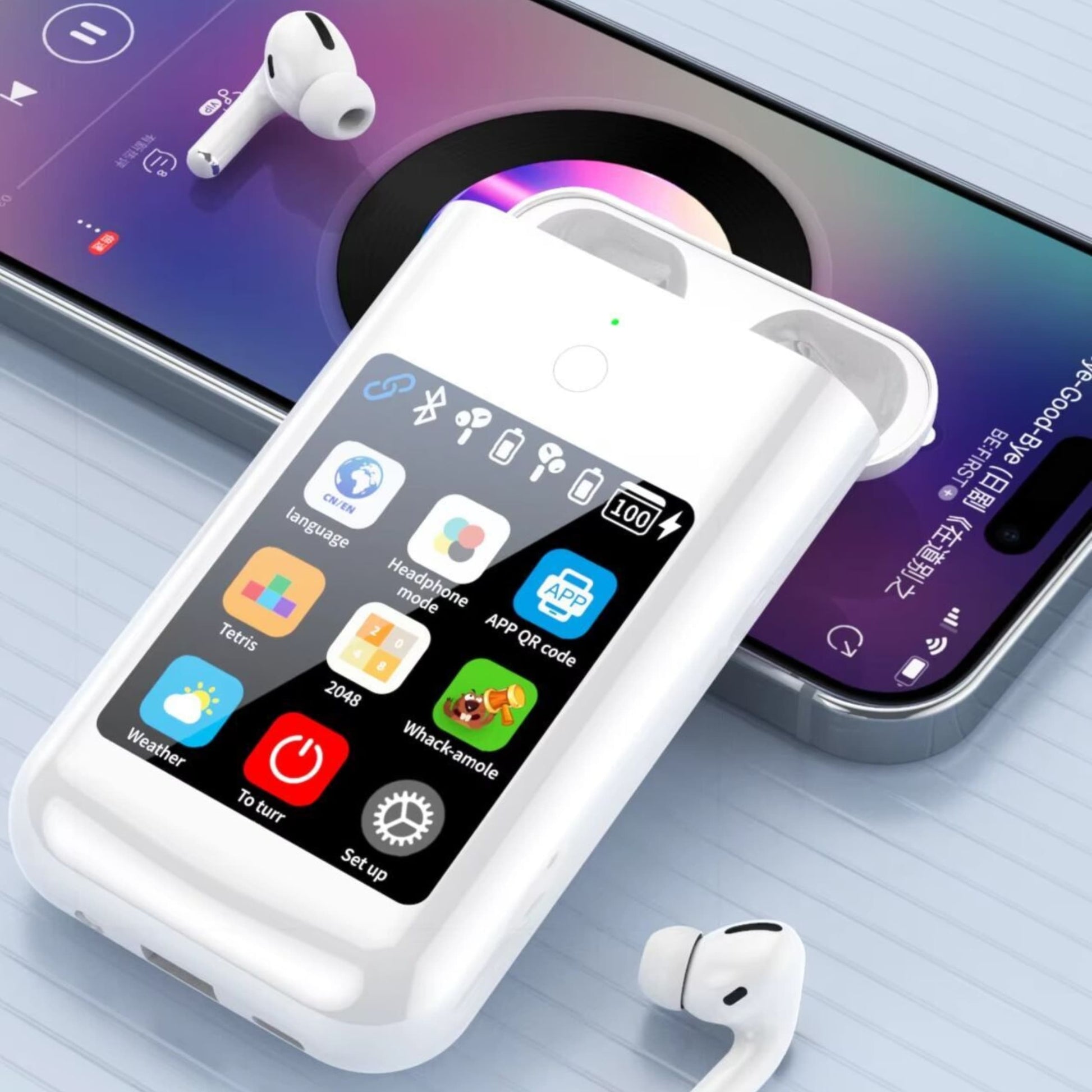 Vista lateral del estuche con auriculares insertados y cable USB‑C incluido