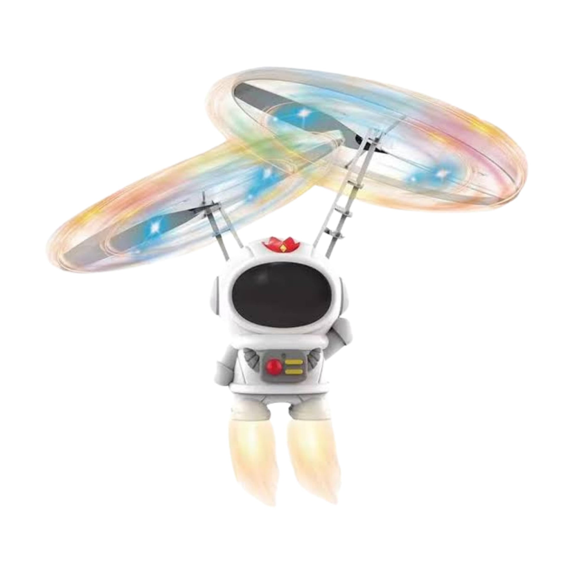 Drone astronauta flotando en habitación con luces LED visible en casco