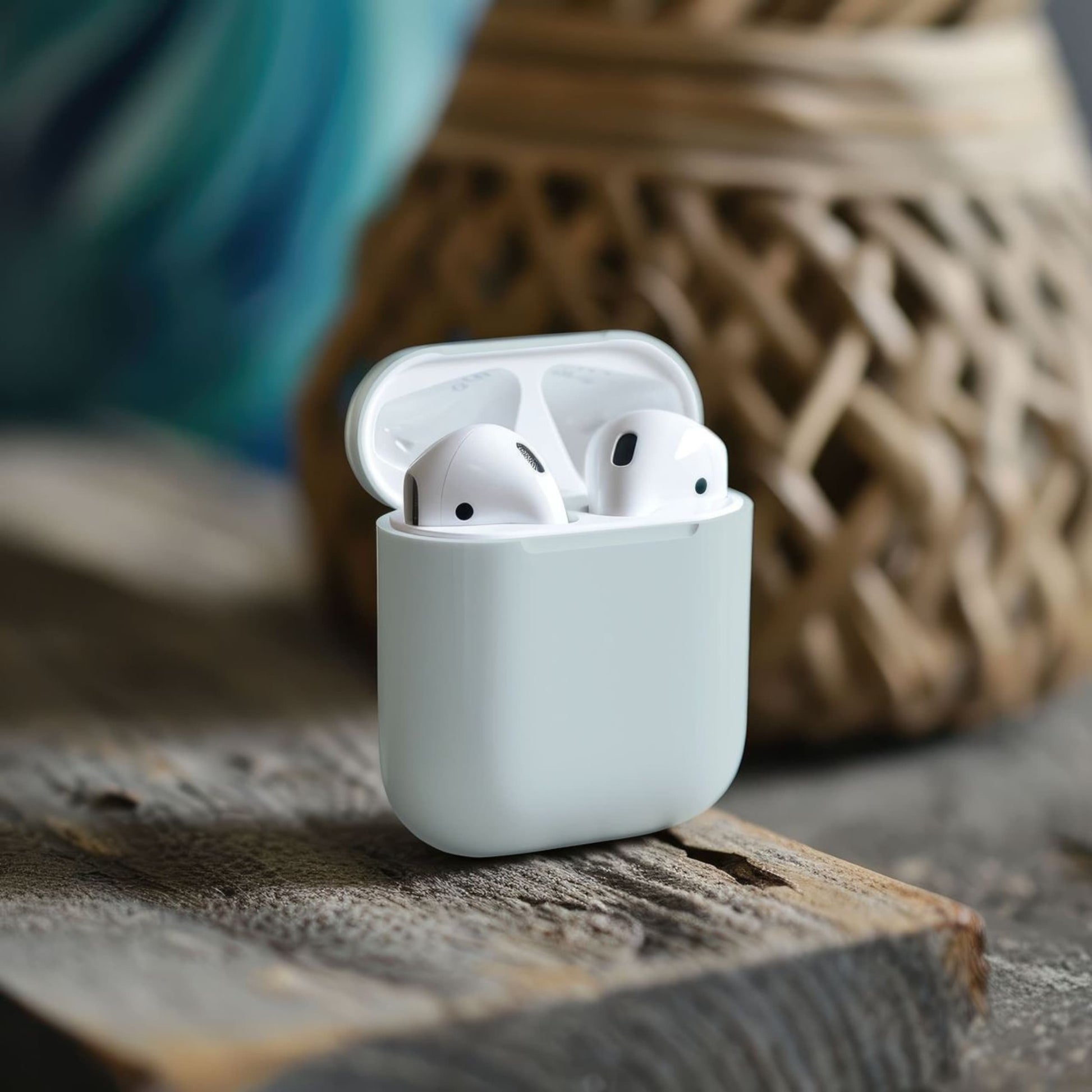 Escena lifestyle: uso de auriculares i12 en oficina con funda cerrada y cable USB-C
