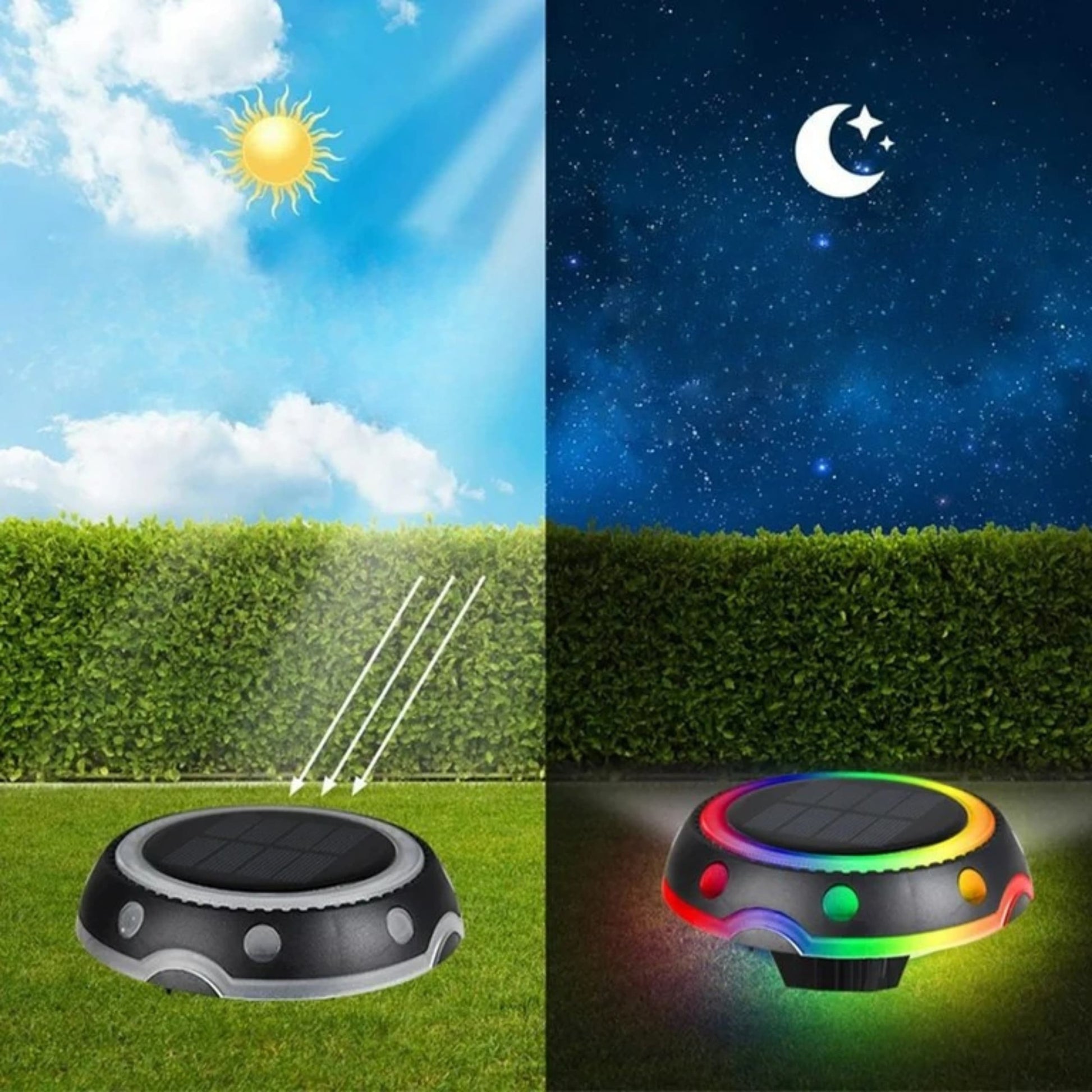 Lámpara solar RGB encendida mostrando efecto multicolor sobre plantas