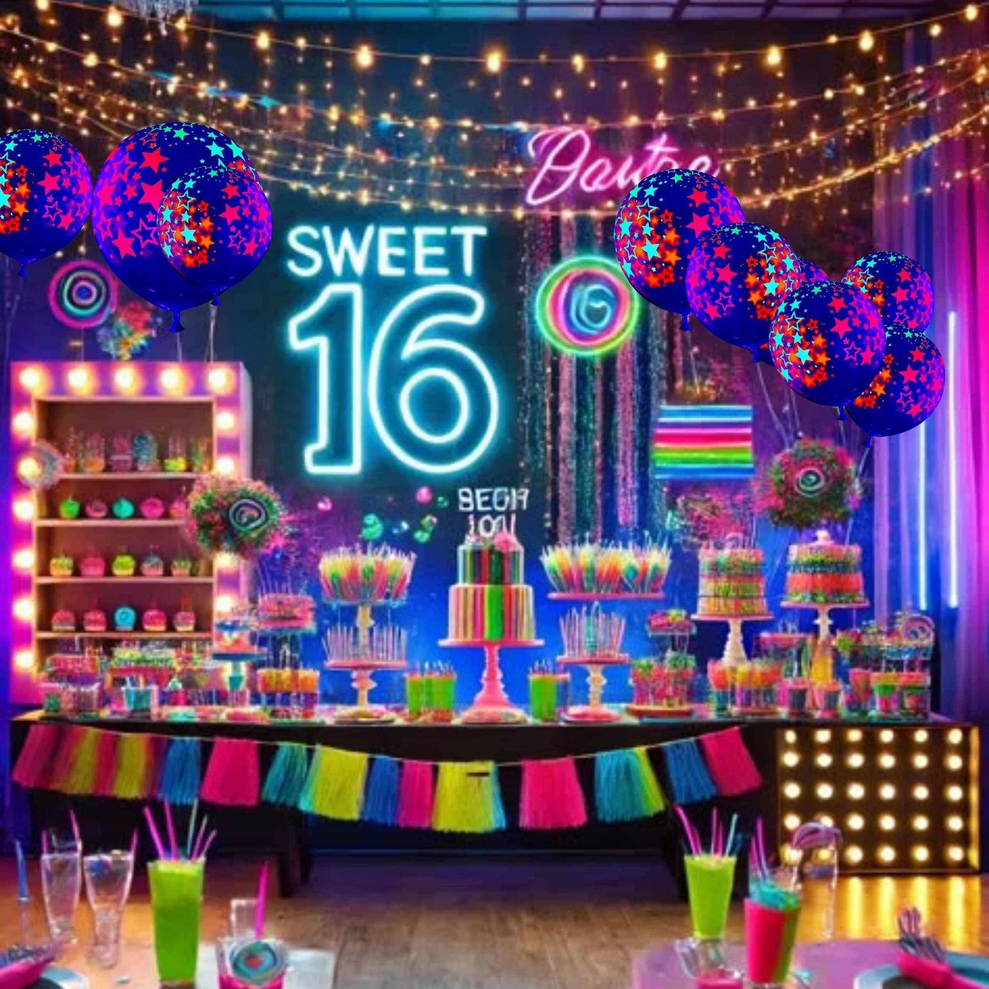 Decoración de fiesta glow con globos UV y guirnaldas fluorescentes