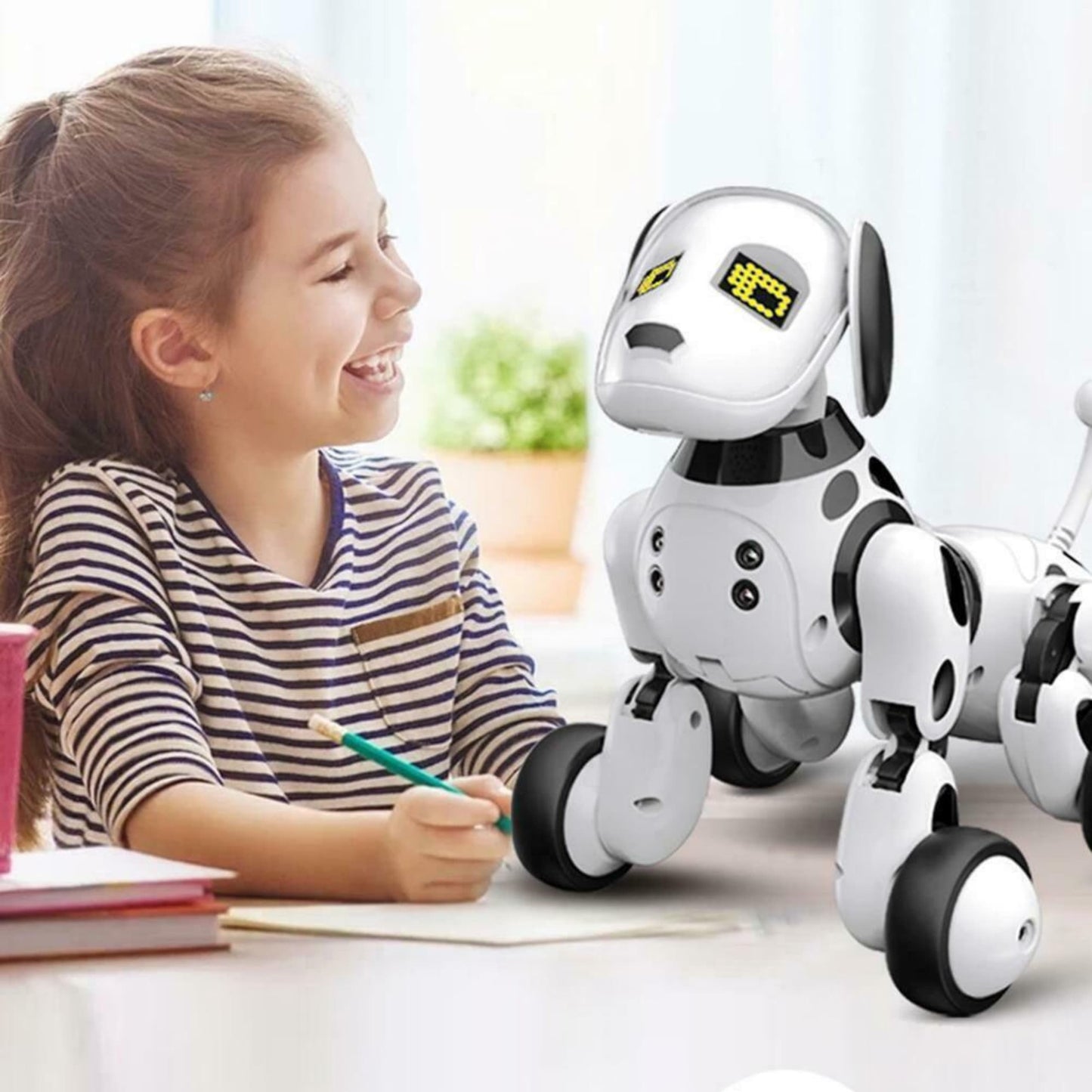 Empaque del perro robot con control remoto, cable de carga y descripciones LED