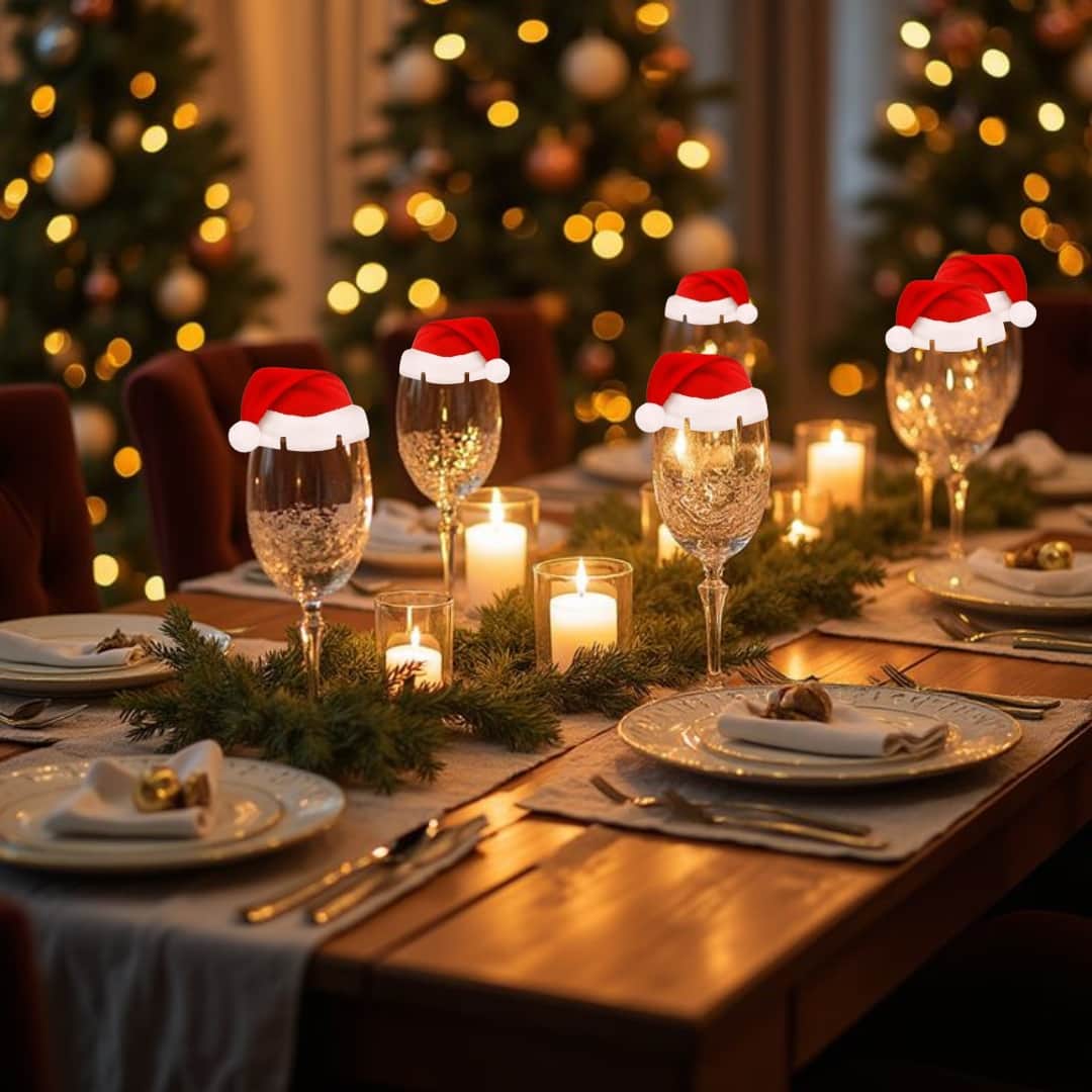 Mini gorros de Navidad utilizados como adornos en copas, añadiendo un toque festivo a la mesa navideña