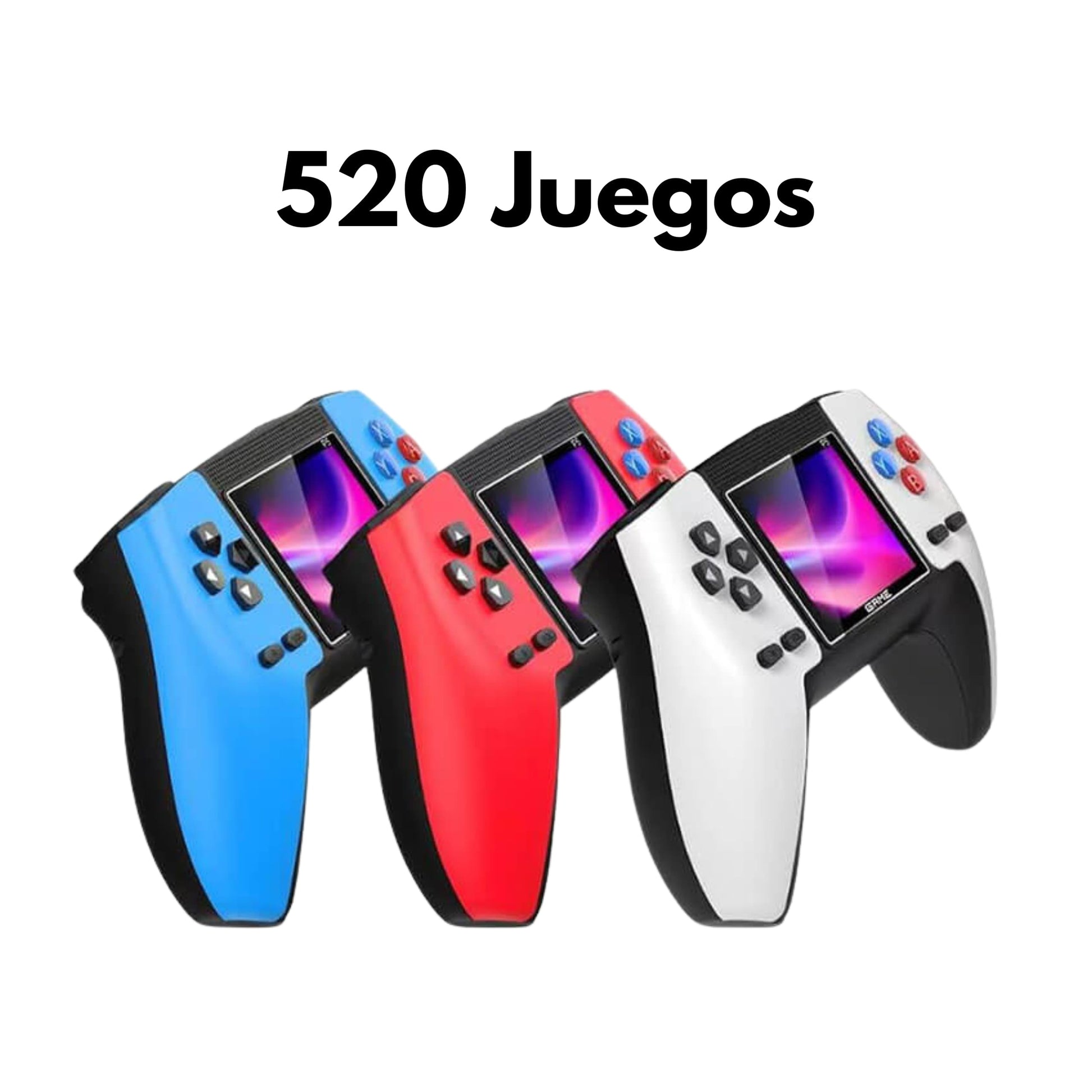 Mandos de consola retro en tres colores diferentes colocados sobre fondo blanco.