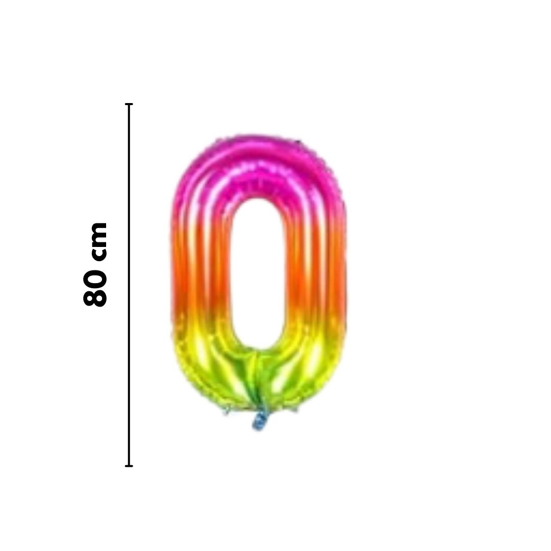Globo metálico número 0 arcoíris de 80 cm, ideal para cumpleaños y eventos