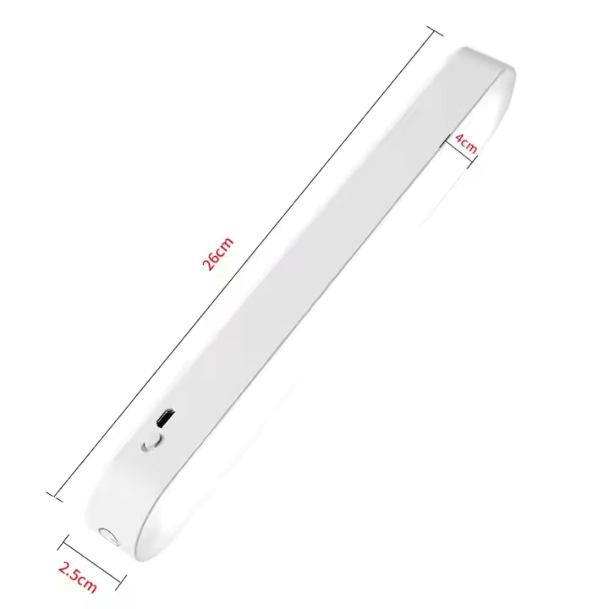 Vista cercana de la barra LED: puerto USB de carga, interruptor táctil y soporte magnético removible.