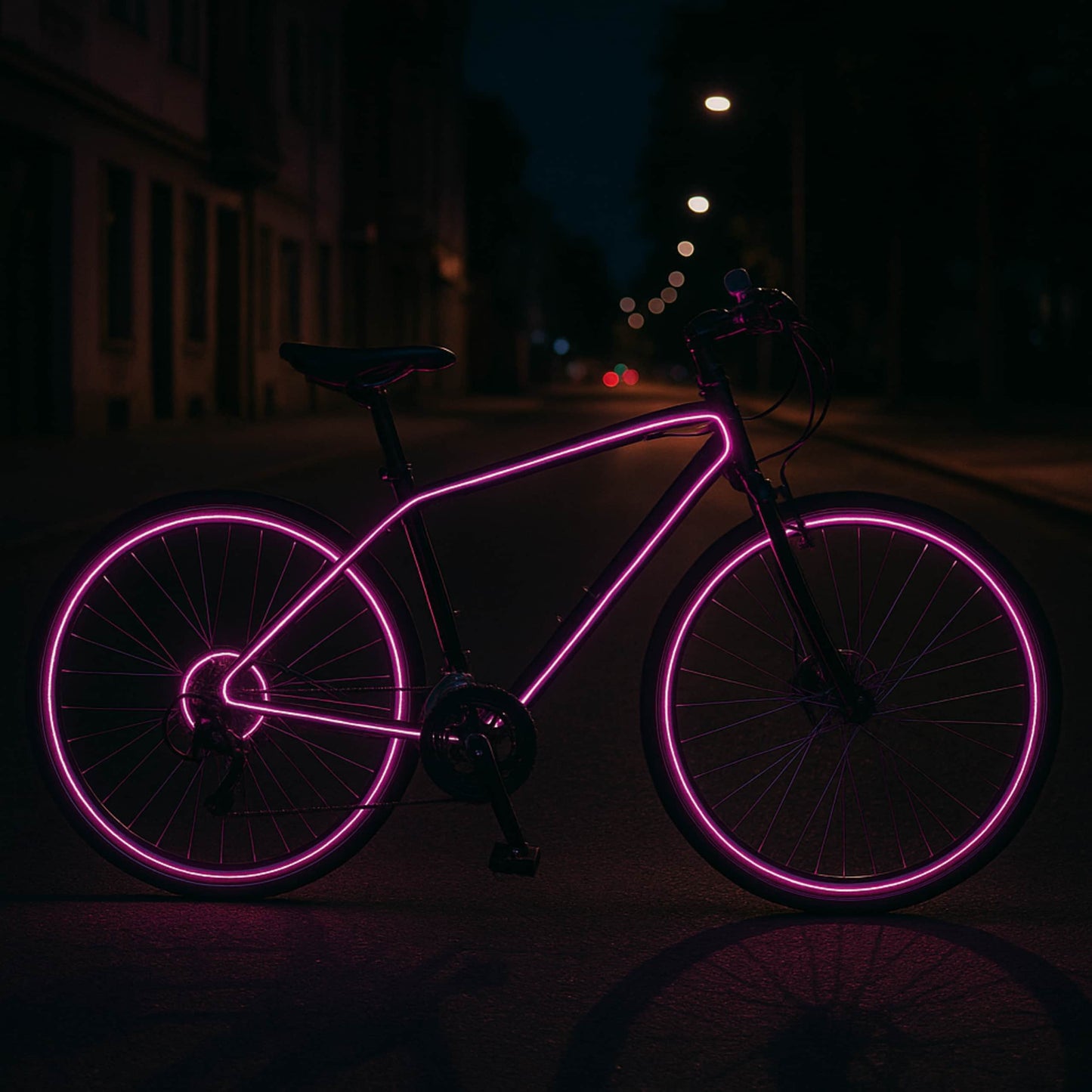 Bicicleta decorada con cable LED rosa flexible, ideal para paseos nocturnos.