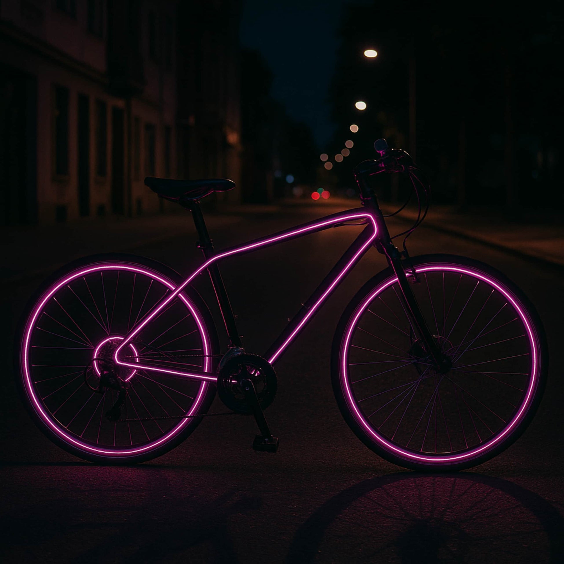 Bicicleta decorada con cable LED rosa flexible, ideal para paseos nocturnos.