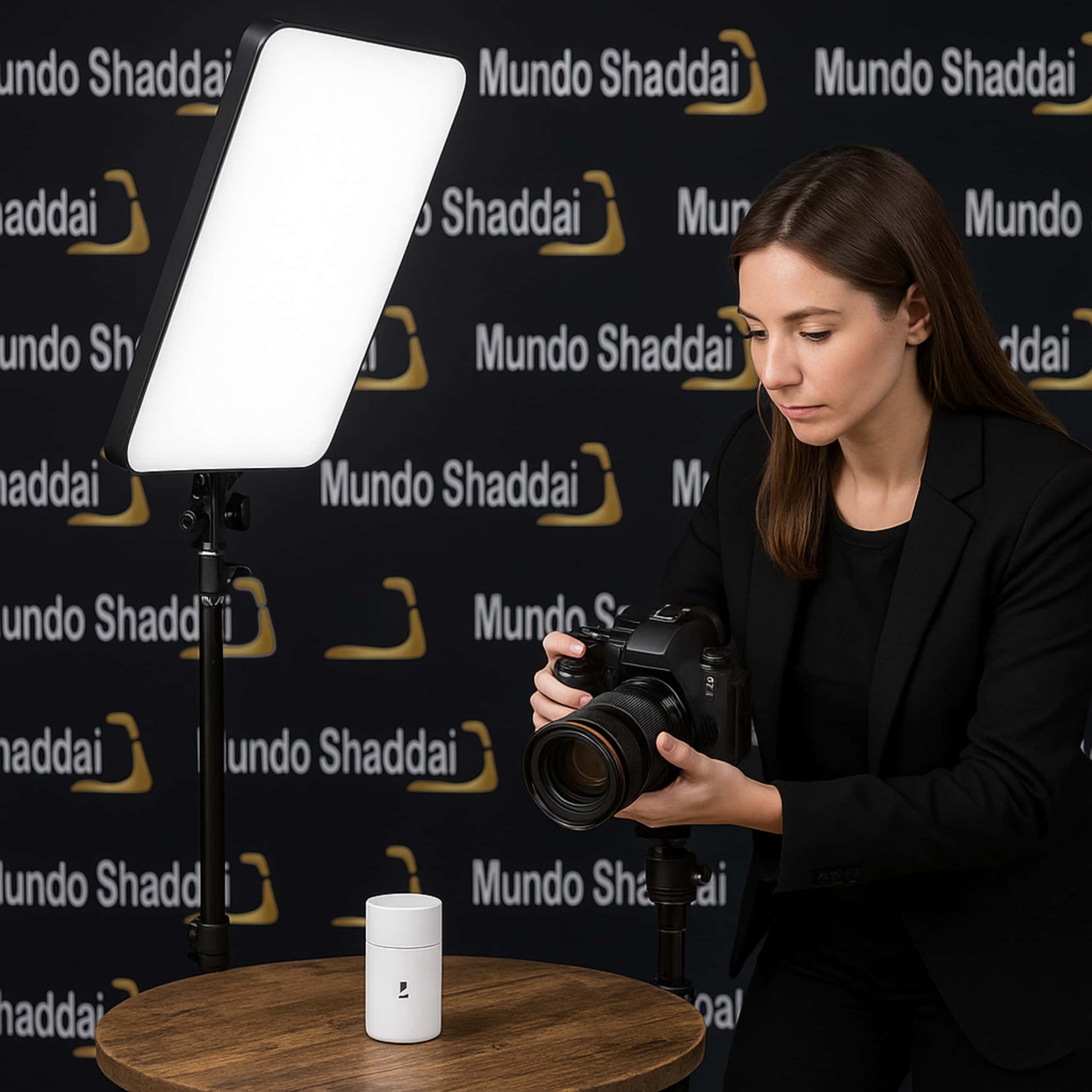 Fotógrafa usando luz LED cuadrada en estudio de producto con fondo de marca Mundo Shaddai.