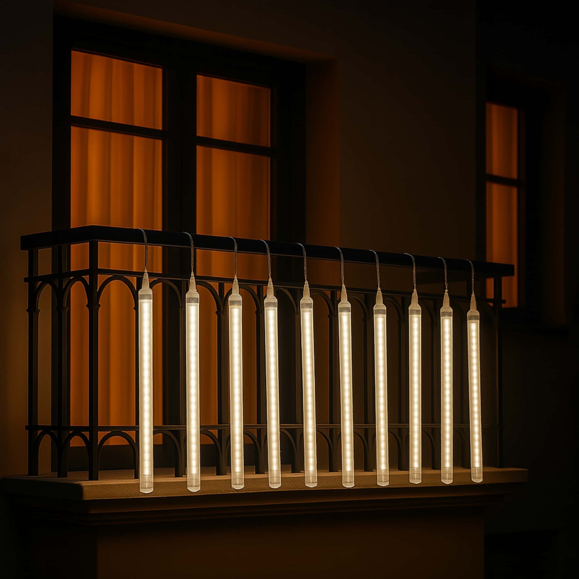 Guirnalda LED en forma de cascada instalada y encendida en un balcón por la noche, iluminación decorativa.