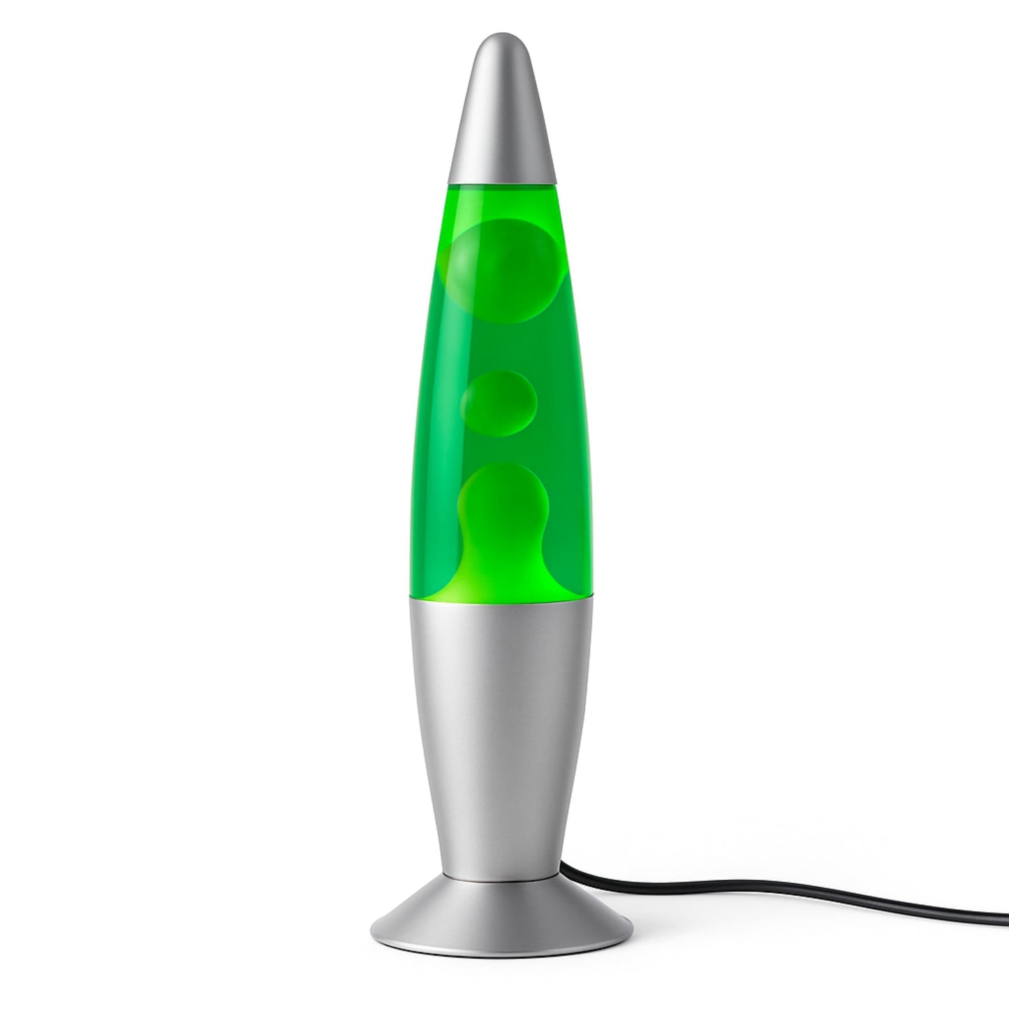 Diseño vintage en lámpara de lava verde encendida, ideal para espacios decorativos modernos.