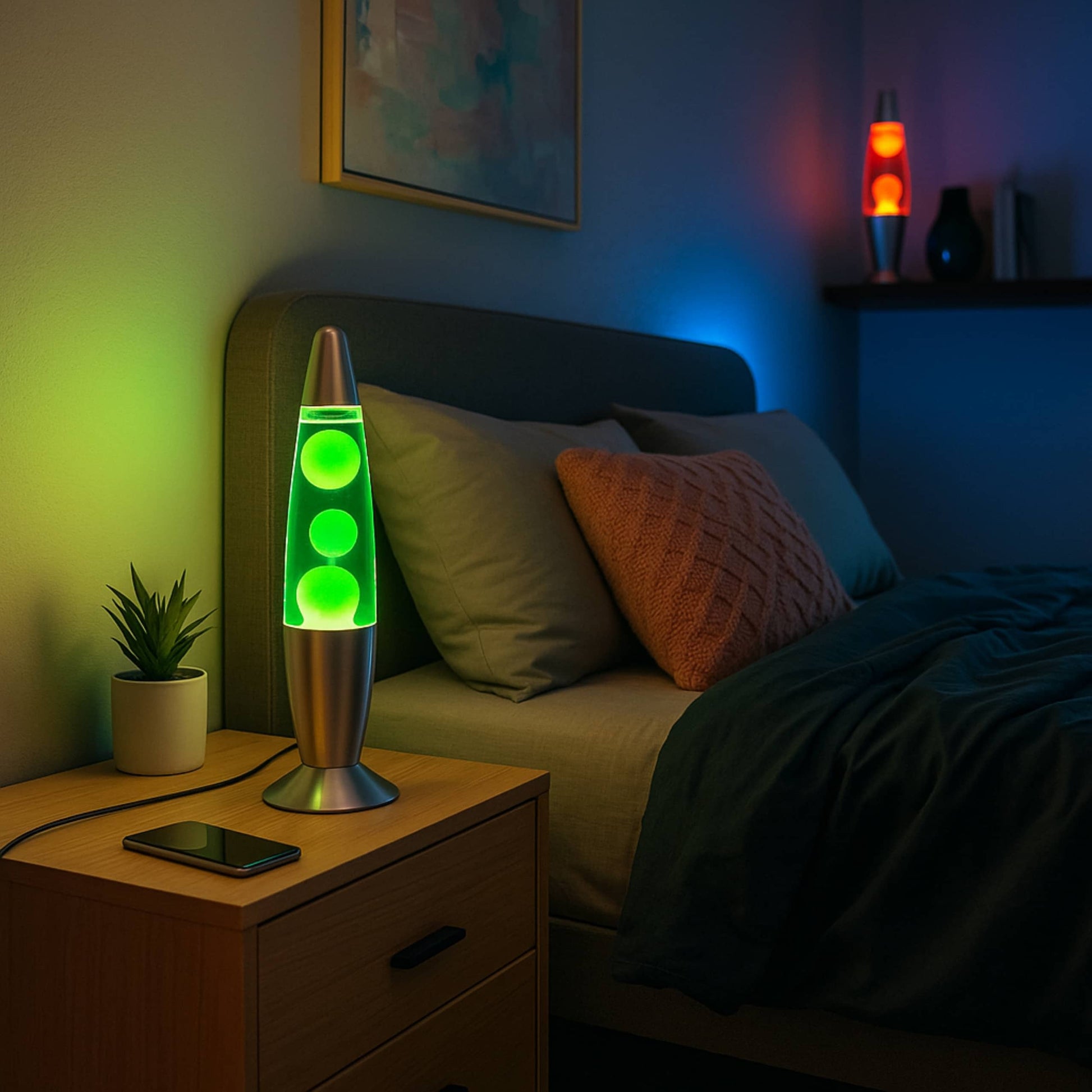 Lámpara verde aportando luz suave y color a una habitación con estilo tranquilo.