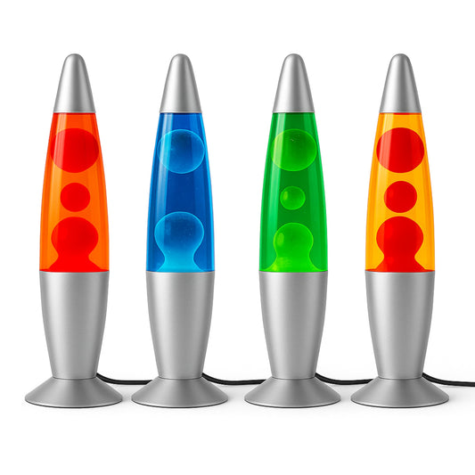  Lámparas de lava encendidas en rojo, azul, verde y naranja sobre fondo blanco, perfectas para decoración llamativa