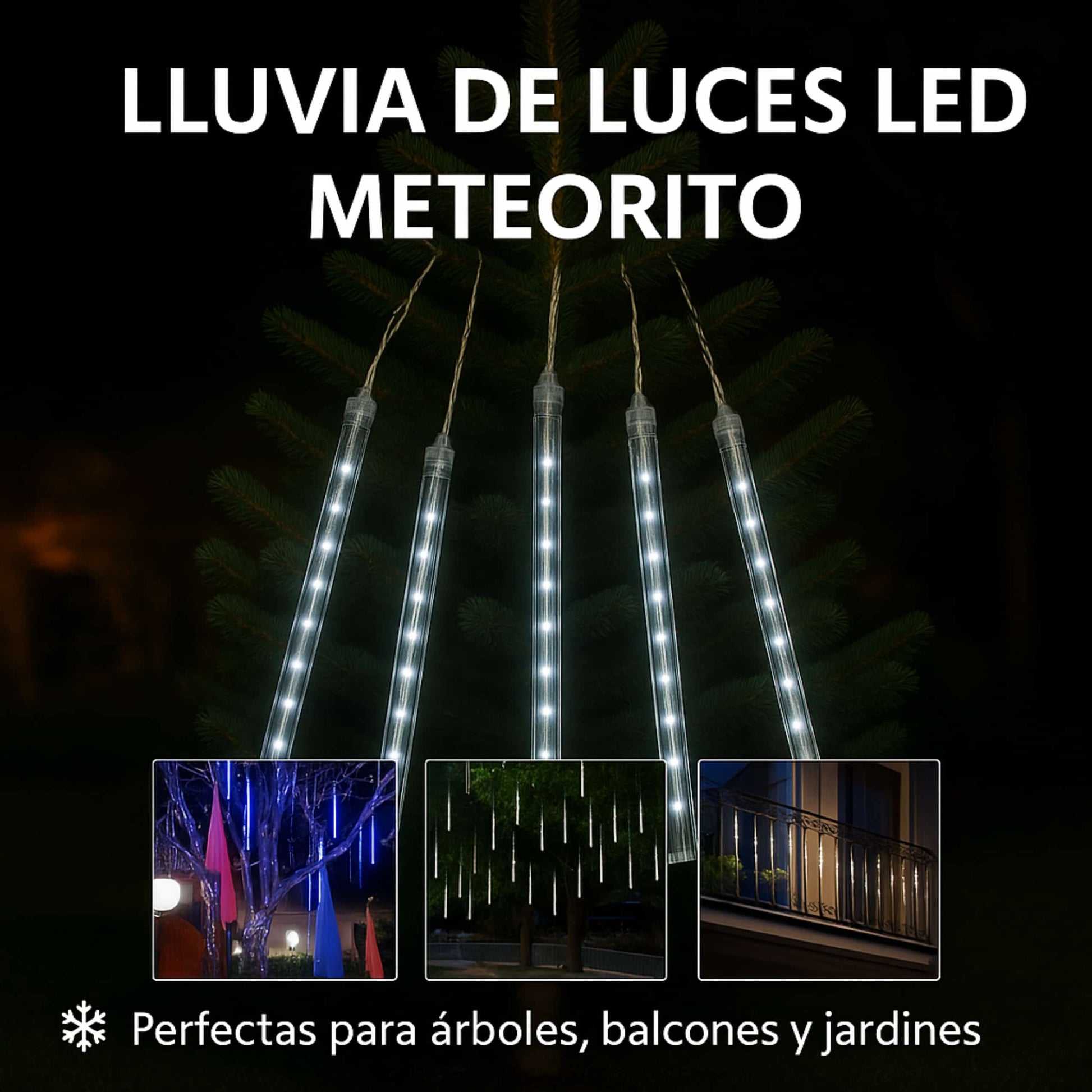 Luces LED tipo cascada iluminando un árbol en el patio durante la noche, ambiente cálido y festivo.