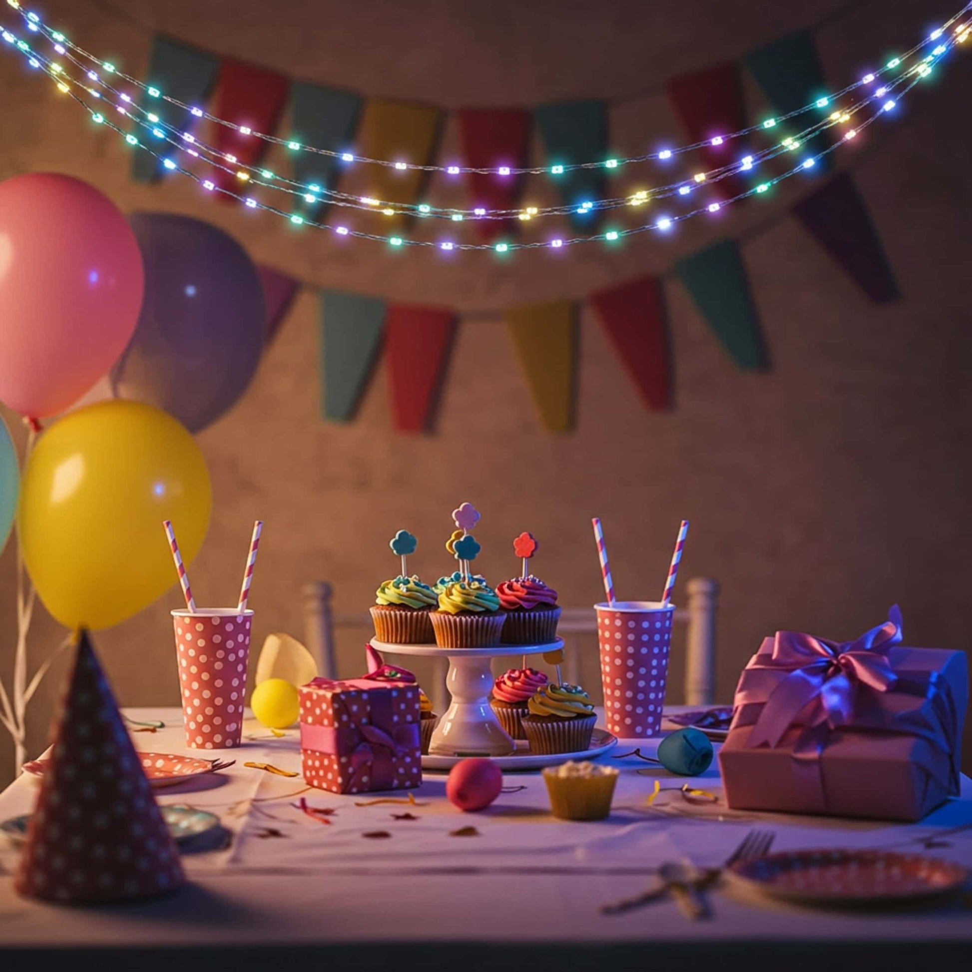 Guirnalda LED multicolor decorando fiesta infantil con globos, pastel y adornos coloridos.