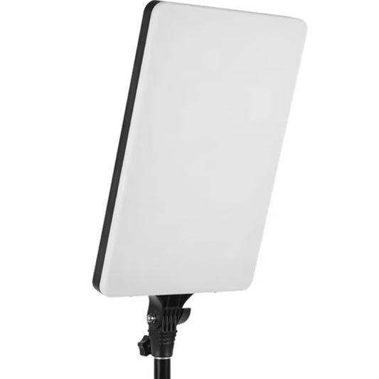 Luz LED cuadrada de relleno para fotografía y streaming, vista general sobre fondo blanco.