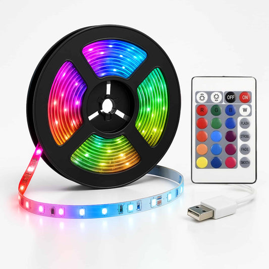 Tira de luces LED RGB con conexión USB y control remoto, presentada sobre fondo blanco