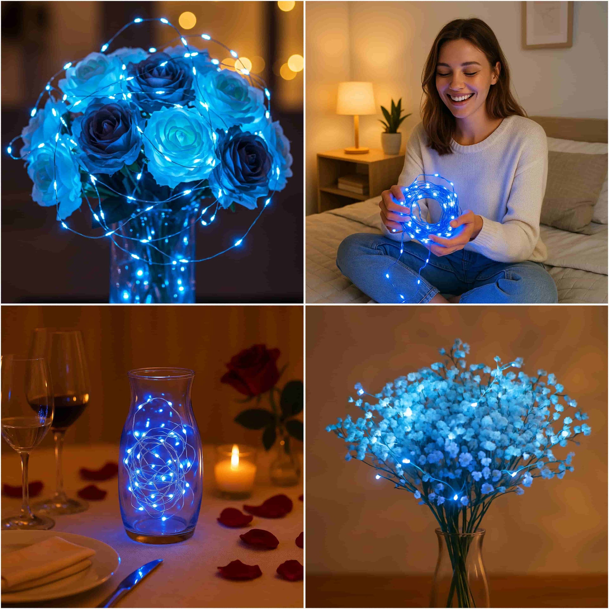 Collage de usos creativos con guirnalda LED azul: flores, habitaciones, cenas y decoración personalizada.