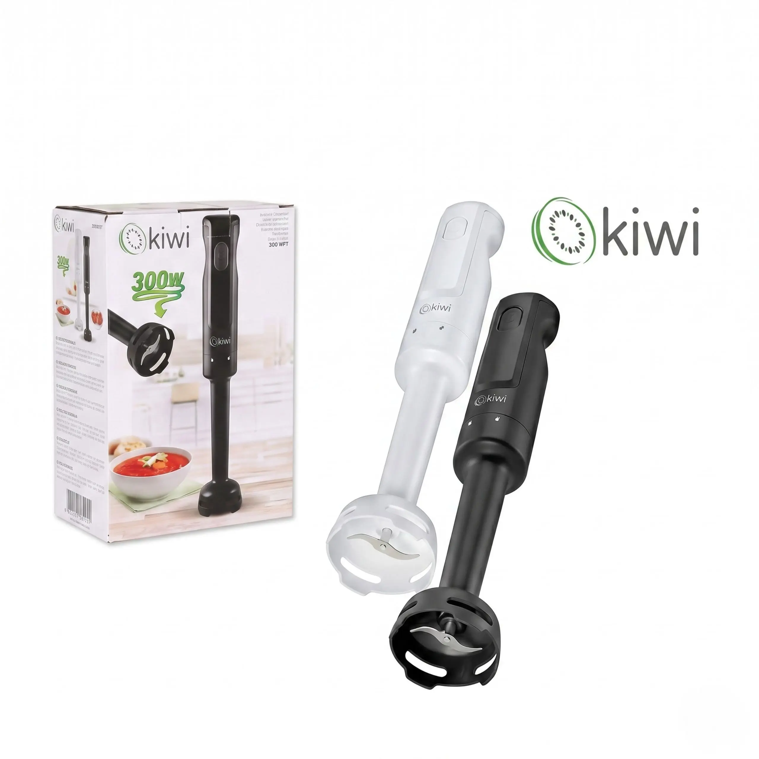 Batidora de mano Kiwi 300W disponible en colores blanco y negro junto a su caja original. La mejor batidora de inmersión barata y potente para el hogar.
