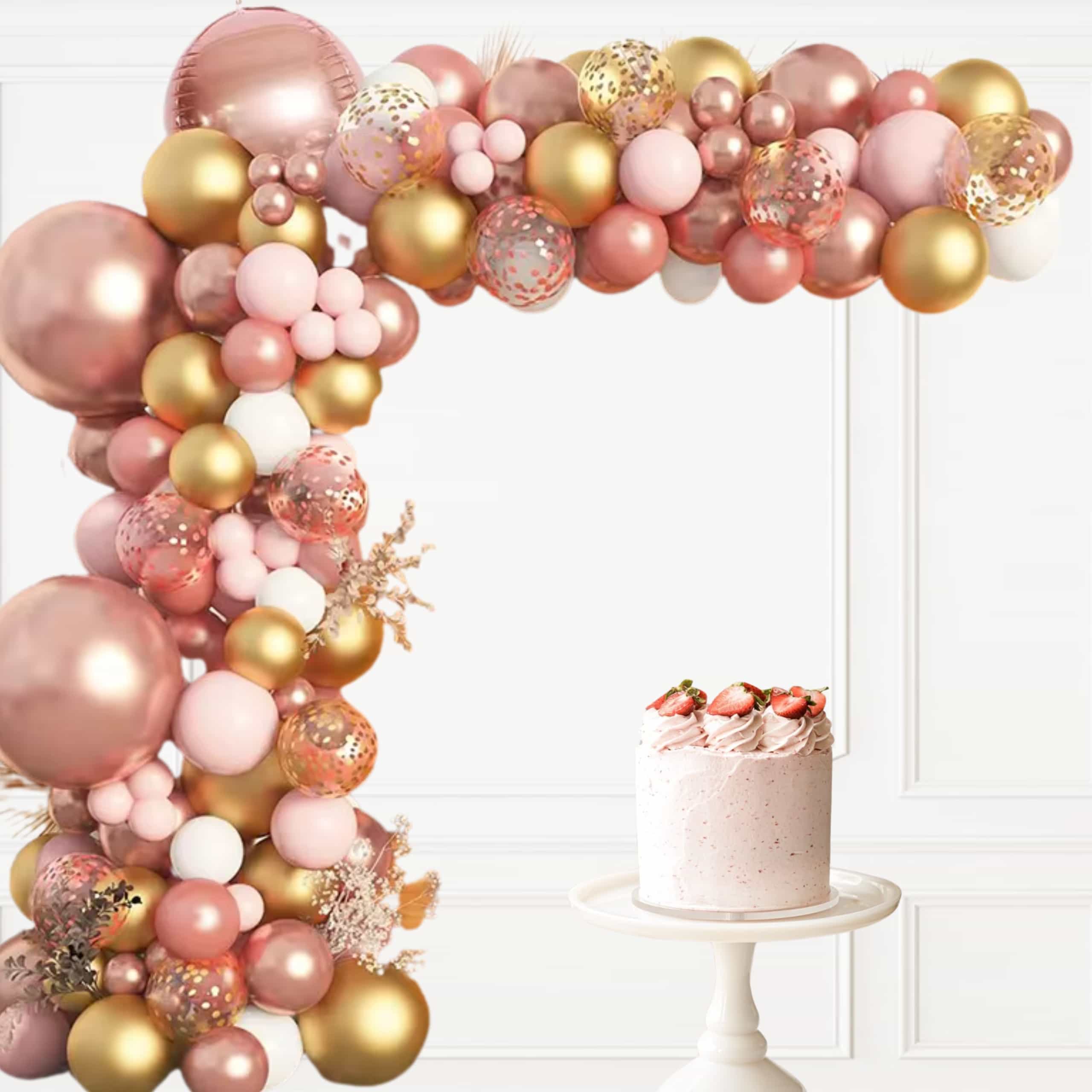 Pack de globos color oro rosa y dorado con diferentes tamaños y acabados metálicos sobre fondo blanco