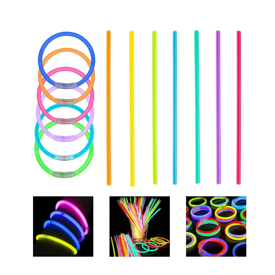GlowMaster Pro – Pack de 500 pulseras luminosas para fiestas y eventos Pack GlowMaster Pro con 500 pulseras luminosas multicolor y conectores, presentado en caja sobre fondo blanco