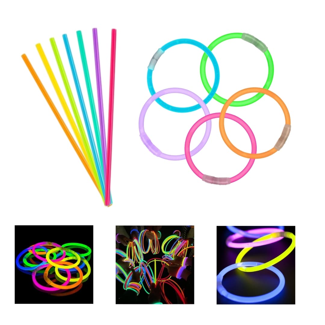 Glow Elite – Pack de 200 pulseras luminosas para fiestas y eventos Pack Glow Elite con 200 pulseras luminosas multicolor y conectores, presentado en caja sobre fondo blanco