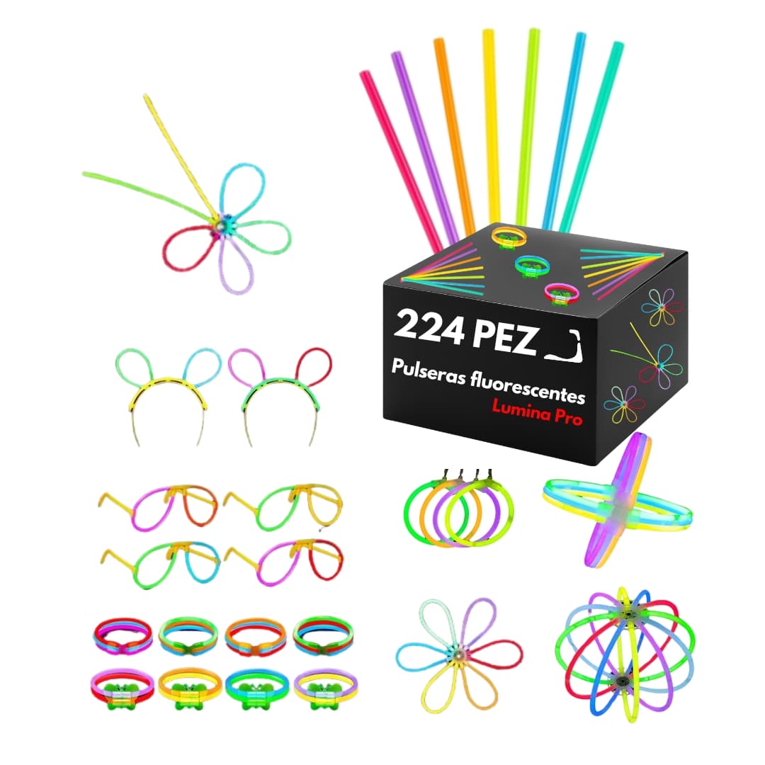 Pulseras luminosas 224 piezas Opti Glow con caja en fondo blanco para fiestas y eventos