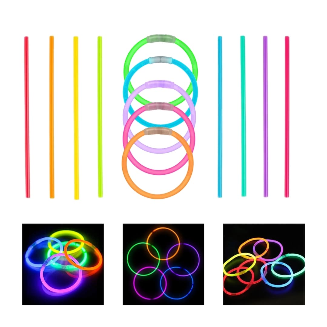 Lumi Flex – Pack de pulseras fluorescentes 100 unidades para fiestas Pack Lumi Flex con 100 pulseras fluorescentes multicolor y conectores, presentado en caja sobre fondo blanco