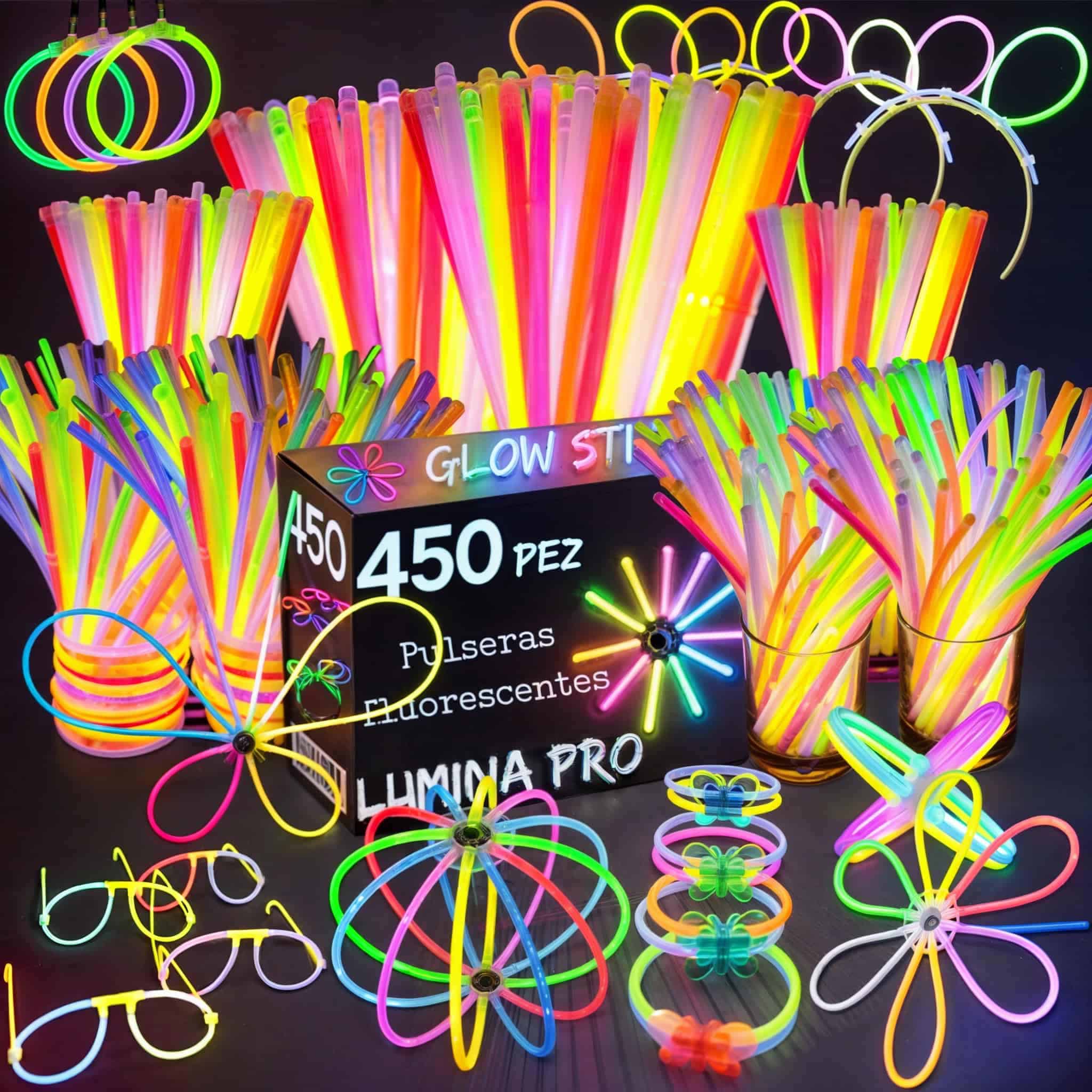 Pack Lumina Pro con 450 barras luminosas multicolor y conectores, presentado en caja sobre fondo blanco