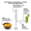 Infografía de la batidora Kiwi 300W destacando cuchillas de acero inoxidable, pie desmontable apto para lavavajillas y funciones para smoothies y cremas suaves.