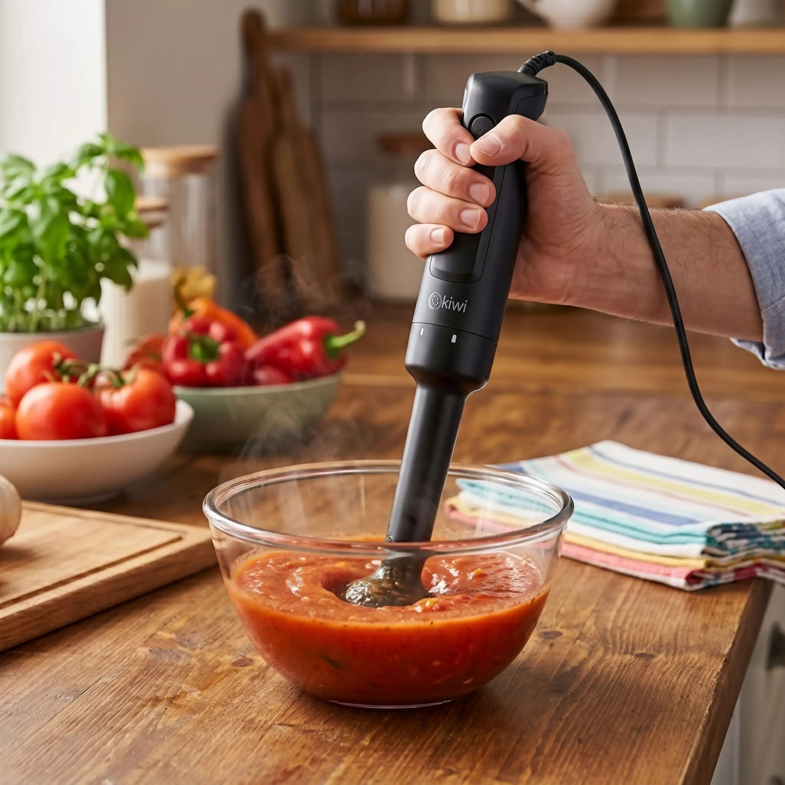 Batidora de mano Kiwi negra triturando salsa de tomate en un bol de cristal. Demostración de potencia para texturas homogéneas y sin grumos.