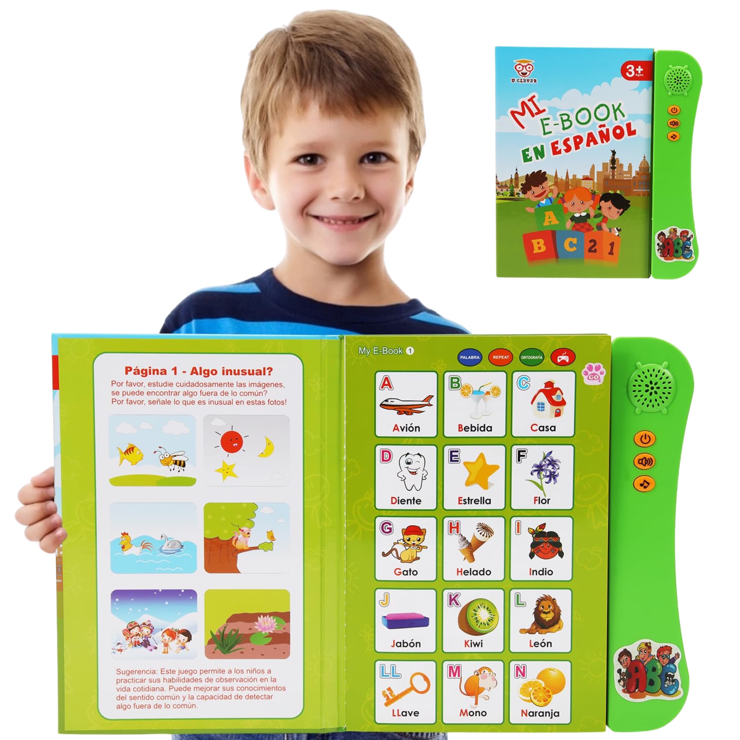 Niño interactuando con libro de sonido en español, presionando botones y aprendiendo palabras con audio