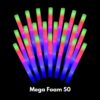 Contenido completo del paquete Mega Espuma 50 con 50 palos de espuma LED multicolor y sistema de iluminación incluido