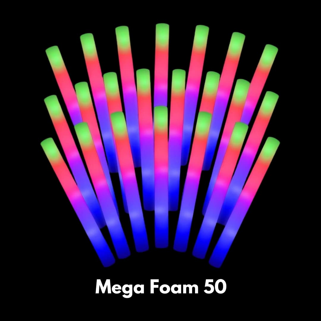 Contenido completo del paquete Mega Espuma 50 con 50 palos de espuma LED multicolor y sistema de iluminación incluido
