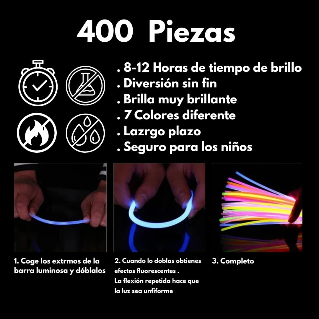 Cómo usar las pulseras luminosas Glow Elite paso a paso Instrucciones visuales para activar y usar las pulseras luminosas Glow Elite con conectores incluidos