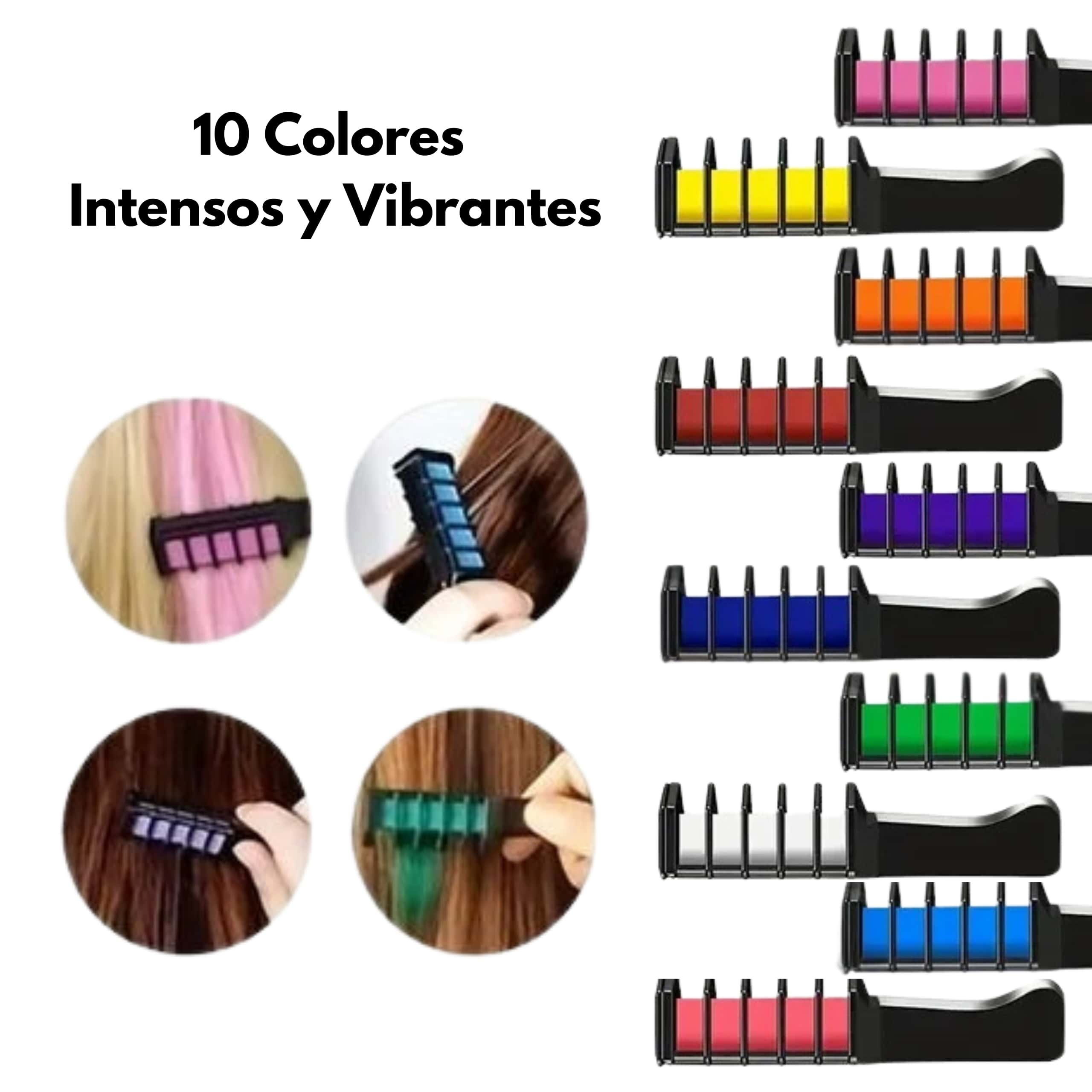 Colores del Set de Peines de Tinte Temporal para Cabello – 10 Tonos Vibrantes Diez colores de peines de tinte temporal para cabello mostrando tonos brillantes y variedad cromática