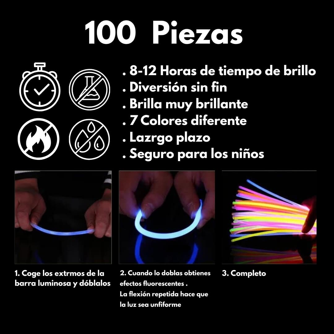 Cómo usar las pulseras fluorescentes Lumi Flex paso a paso Instrucciones visuales para usar las pulseras fluorescentes Lumi Flex y conectar las barras luminosas