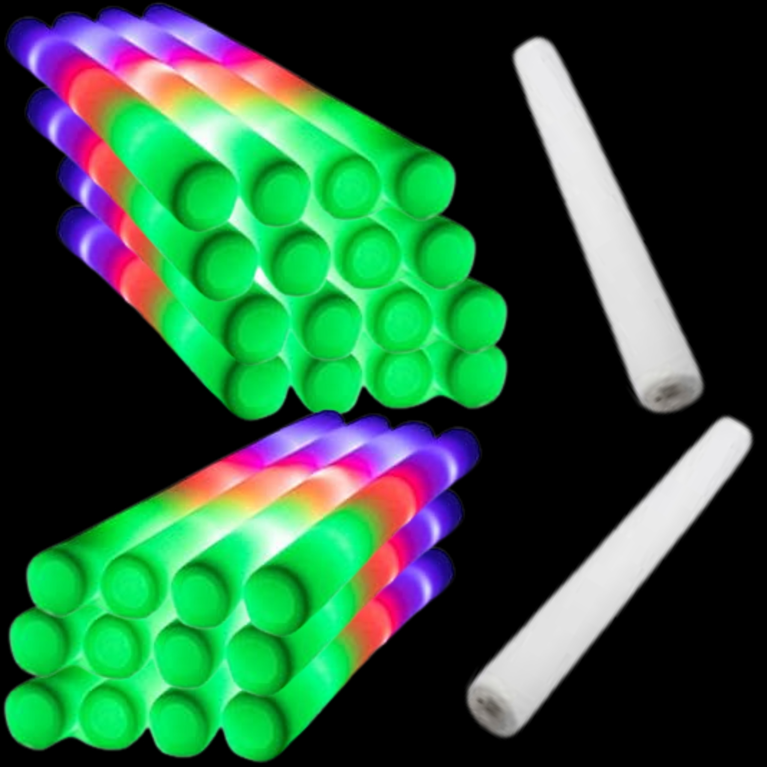 Soft Stick 30 encendidos – Palos de Espuma LED Multicolor Palos de espuma LED Soft Stick 30 encendidos mostrando luces multicolor brillantes en la oscuridad