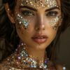 Chica con glitter LumiGlow Pro aplicado en el rostro mostrando brillo 3D holográfico bajo luz UV