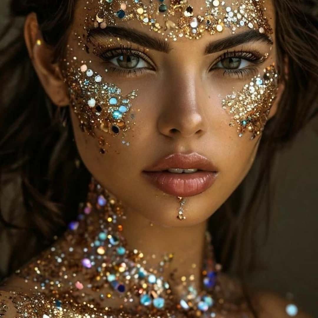 Chica con glitter LumiGlow Pro aplicado en el rostro mostrando brillo 3D holográfico bajo luz UV