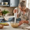 Mujer usando batidora de mano Kiwi blanca para preparar una crema de verduras caliente. Batidora de inmersión ideal para purés y sopas nutritivas.