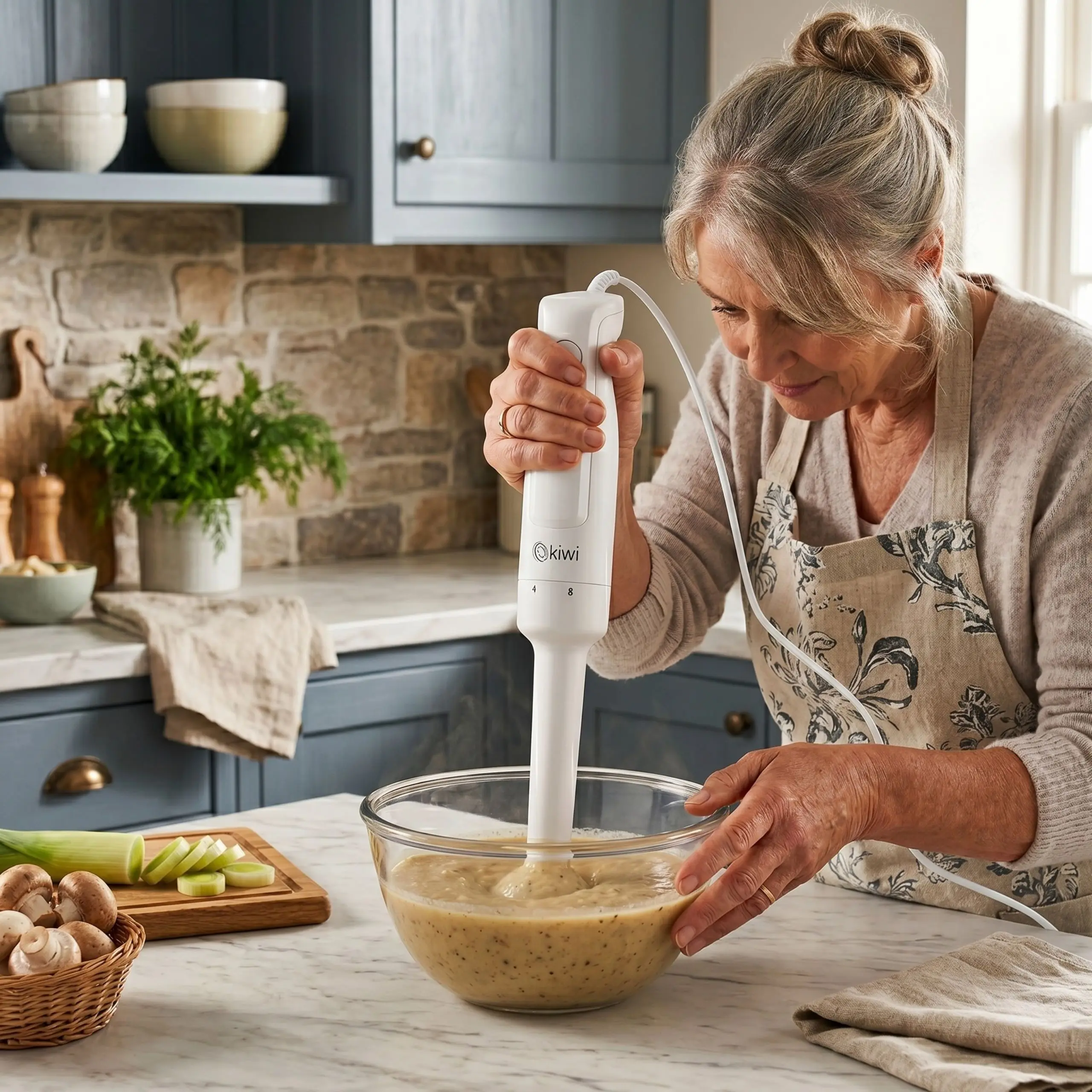 Mujer usando batidora de mano Kiwi blanca para preparar una crema de verduras caliente. Batidora de inmersión ideal para purés y sopas nutritivas.