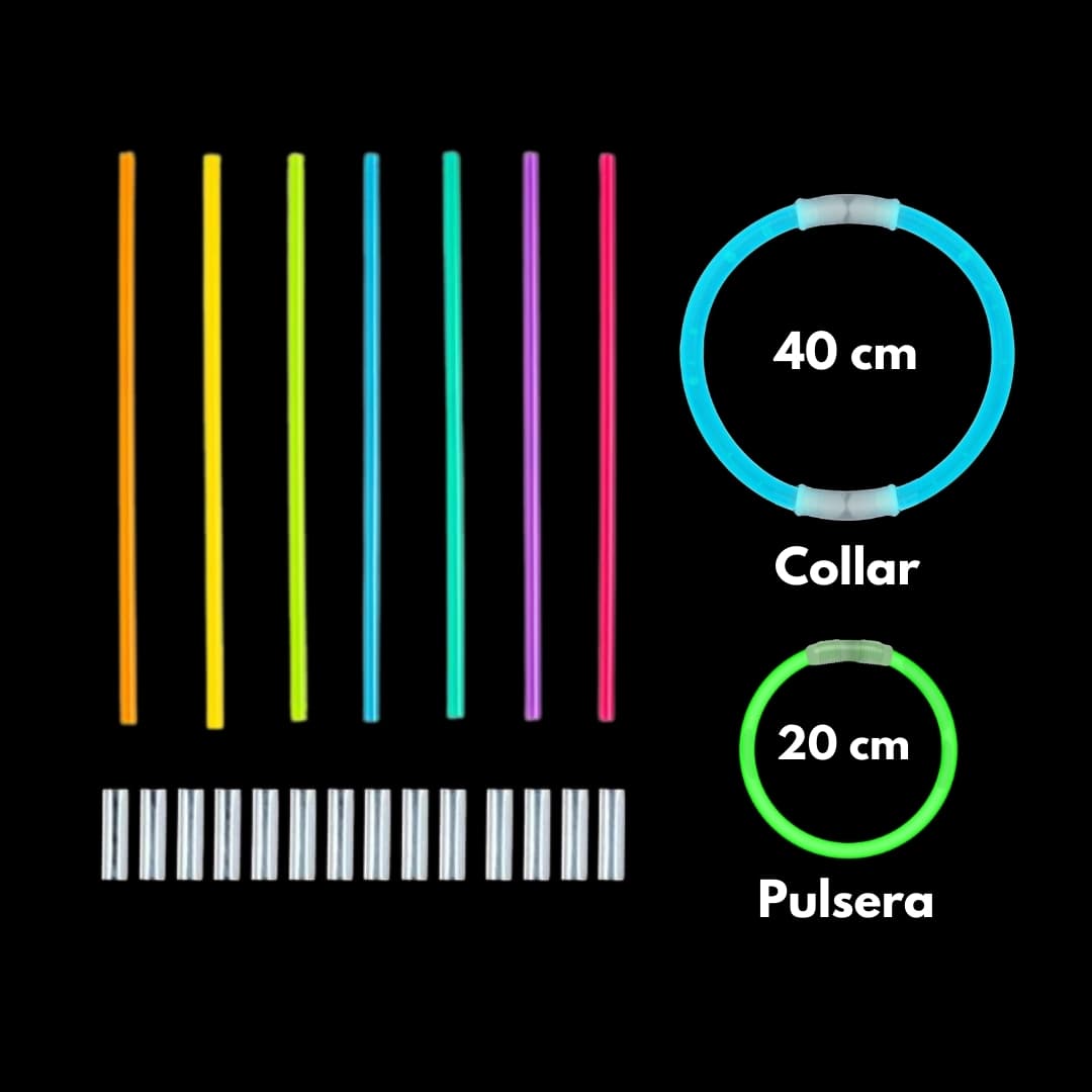 Contenido del paquete Glow Elite – 200 pulseras luminosas y conectores Contenido completo del pack Glow Elite con 200 pulseras luminosas y conectores para accesorios de fiesta