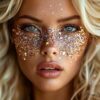Chica con cara y pelo brillando con LumiGlow Pro – Gel Glitter UV Biodegradable Chica con rostro y cabello iluminados con gel glitter UV biodegradable LumiGlow Pro en tonos neón bajo luz ultravioleta