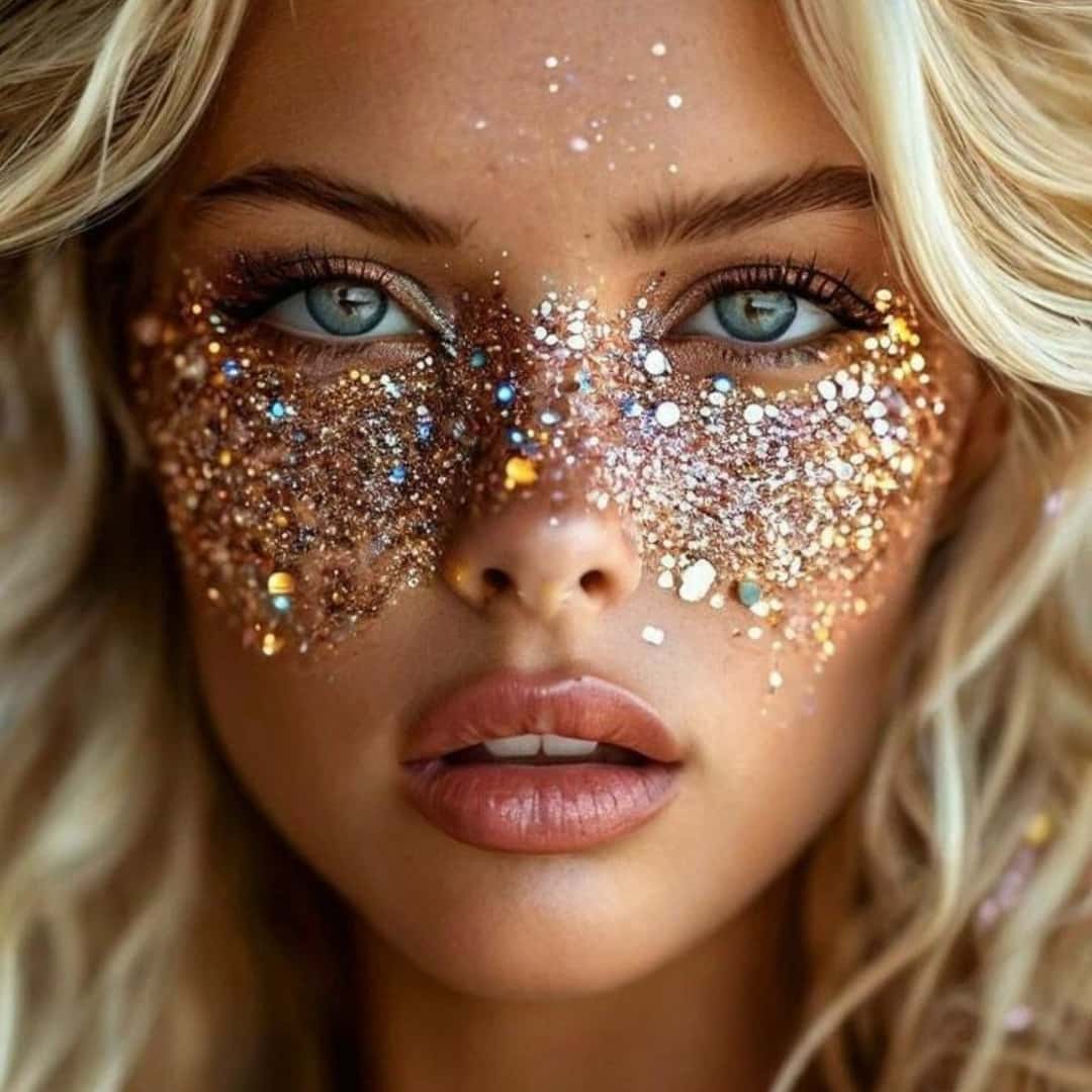 Chica con cara y pelo brillando con LumiGlow Pro – Gel Glitter UV Biodegradable Chica con rostro y cabello iluminados con gel glitter UV biodegradable LumiGlow Pro en tonos neón bajo luz ultravioleta